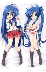 :3 blue_hair breasts censored dakemakura-koubou dakimakura_(medium) green_eyes izumi_konata long_hair lucky_star lying mole mole_under_eye neckerchief nipples pink_neckerchief red_sailor_collar red_skirt ryouou_school_uniform sailor_collar school_uniform serafuku skirt small_breasts twintails