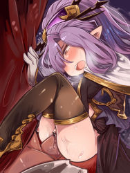 Rule 34 | 10s, 1girl, amagaeru (hylathewet), ass, black thighhighs, blush, brown eyes, cape, censored, clothed sex, cum, cum in pussy, eyebrows, gloves, granblue fantasy, hair ornament, hair over one eye, hair stick, harvin, hetero, highres, long hair, long sleeves, niyon (granblue fantasy), nose blush, open mouth, penis, pointless censoring, pointy ears, purple hair, pussy, sex, solo, solo focus, star-shaped pupils, star (symbol), sweat, symbol-shaped pupils, thighhighs, vaginal, white gloves