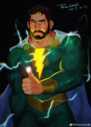Rule 34 | 1boy, absurdres, bara, beard, black background, bodysuit, brown hair, bulge, cape, closed mouth, cowboy shot, dated, dc comics, facial hair, glowing, green bodysuit, hair strand, highres, large pectorals, lightning bolt print, lightning bolt symbol, looking at viewer, male focus, mature male, muscular, muscular male, pectorals, pedro pena, powerlesssong, shazam (movie), short hair, signature, solo, superhero costume, thick thighs, thighs, thumbs up, undercut, white cape