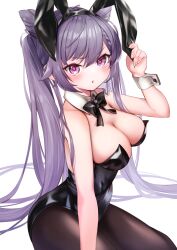 Rule 34 | 1girl, :o, alternate costume, animal ears, bare arms, bare shoulders, black bow, black bowtie, black pantyhose, bow, bowtie, braid, breasts, cleavage, collar, cone hair bun, detached collar, double bun, fake animal ears, genshin impact, hair bun, hand up, highres, holding, holding ear, keqing (genshin impact), large breasts, leotard, long hair, looking at viewer, pantyhose, parted lips, pink eyes, playboy bunny, purple hair, rabbit ears, simple background, sitting, solo, strapless, strapless leotard, thighs, twintails, v-shaped eyebrows, very long hair, white background, white collar, white wrist cuffs, wrist cuffs, yutoriko (candy0905)