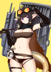 Rule 34 | 1girl, absurdres, arknights, bandeau, black bandeau, black gloves, black hair, black panties, blue eyes, cowboy shot, dodo (yatotoyatoto), elbow gloves, eunectes (arknights), flask, flower, gloves, goggles, goggles on head, grin, hair flower, hair ornament, highres, holding, looking at viewer, midriff, navel, panties, parted lips, pointy ears, shield, short hair, sidelocks, simple background, smile, snake tail, solo, tail, thigh strap, underwear, yellow background, yellow flower