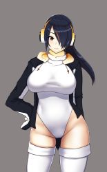 Rule 34 | 10s, 1girl, black hair, blush, breasts, brown eyes, cameltoe, closed mouth, covered navel, cowboy shot, emperor penguin (kemono friends), hair over one eye, hand on own hip, hayabusa (vert 320), headphones, hood, hoodie, kemono friends, large breasts, leotard, long hair, looking at viewer, multicolored hair, open clothes, open hoodie, orange hair, smile, solo, streaked hair, thighhighs, white leotard, white thighhighs