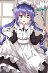 Rule 34 | 1girl, :d, alternate costume, apron, black dress, blue eyes, blue hair, blush, bow, broom, dress, enmaided, frilled apron, frills, hair between eyes, hat, highres, holding, holding broom, koisuru asteroid, long hair, long sleeves, looking at viewer, maid, maid apron, maid headdress, manaka ao, mob cap, open mouth, ruu (tksymkw), smile, solo, twintails, white apron