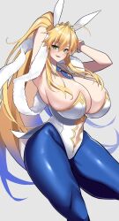 Rule 34 | 1girl, ahoge, animal ears, armpits, arms behind head, arms up, artoria pendragon (all), artoria pendragon (fate), artoria pendragon (swimsuit ruler) (fate), blonde hair, blue pantyhose, breasts, cleavage, clothing cutout, detached collar, eyebrows hidden by hair, fake animal ears, fate/grand order, fate (series), green eyes, hair between eyes, highleg, highleg leotard, highres, imuzi, large breasts, leotard, long hair, navel, navel cutout, pantyhose, ponytail, simple background, solo, tiara, white leotard, wrist cuffs
