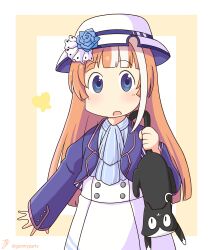Rule 34 | 1girl, absurdres, akikawa yayoi (umamusume), animal, black cat, blue eyes, blue flower, blue jacket, blue rose, brown background, bug, butterfly, cat, commentary request, flower, goom (goomyparty), hat, hat flower, highres, holding, holding animal, insect, jacket, long sleeves, multicolored hair, nichijou, open clothes, open jacket, open mouth, orange hair, parody, rose, signature, skirt, sleeves past wrists, solo, streaked hair, style parody, twitter username, two-tone background, umamusume, white background, white hair, white hat, white skirt