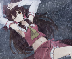 Rule 34 | 1girl, armpits, ascot, bow, breasts, brown hair, detached sleeves, frown, hair bow, hair tubes, hakurei reimu, hand on own head, huuyu 1z, long hair, looking at viewer, lying, midriff, navel, on back, on ground, one eye closed, rain, red eyes, ribbon-trimmed sleeves, ribbon trim, sideboob, skirt, skirt set, solo, touhou, wet, wet clothes
