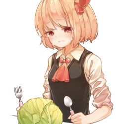 Rule 34 | 1girl, ascot, bad id, bad twitter id, black vest, blonde hair, blouse, cabbage, fork, hair ribbon, highres, hito komoru, lettuce, red ascot, red eyes, red ribbon, ribbon, rumia, sad, shirt, short hair, simple background, sleeves rolled up, solo, spoon, tears, touhou, vest, white background, white shirt, wing collar