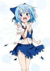 Rule 34 | 1girl, blue dress, blue eyes, blue hair, blue skirt, blush, bow, cirno, do (4-rt), dress, fang, hair bow, highres, ice, ice wings, looking at viewer, matching hair/eyes, midriff, navel, open mouth, puffy sleeves, shirt, short sleeves, skirt, solo, tears, torn clothes, torn dress, torn shirt, torn skirt, touhou, uneven eyes, wings