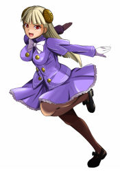 Rule 34 | 1girl, :d, blonde hair, capcom, capcom fighting jam, dress, gloves, hairpods, impossible clothes, ingrid (capcom), kimohiko, mary janes, open mouth, pantyhose, purple dress, purple skirt, red eyes, shoes, skirt, smile, solo, spec (artist)