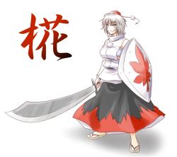 Rule 34 | 1girl, breasts, character name, detached sleeves, female focus, full body, hat, inubashiri momiji, sandals, shield, short hair, silver hair, solo, standing, supon, sword, tokin hat, touhou, weapon, white background