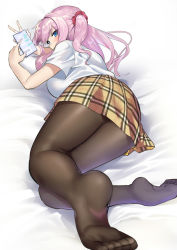 Rule 34 | 1girl, ass, back, black pantyhose, blue eyes, blush, breasts, cellphone, commentary request, highres, long hair, looking at viewer, lying, muunyan (yumenekoya), on side, original, pantyhose, phone, pink hair, scrunchie, side ponytail, skirt, smartphone, solo, v