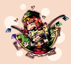 Rule 34 | 2girls, alternate art style, ascot, beret, blonde hair, braid, brown background, brown footwear, closed eyes, fang, flandre scarlet, glisten, green headwear, hand on another&#039;s head, happy, hat, hat ornament, heart, hong meiling, medium hair, multicolored wings, multiple girls, no socks, one side up, red hair, red skirt, red vest, simple background, skirt, star (symbol), star hat ornament, touhou, twin braids, vest, wings, yellow ascot