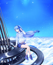 Rule 34 | 1girl, above clouds, absurdres, arm support, bare legs, belt, belt buckle, blouse, blue eyes, blue footwear, blue hair, blue shirt, blue sky, blue theme, blush, buckle, cellphone, closed mouth, cloud, cloudy sky, cross-laced footwear, day, denim, denim shorts, exitb, floating hair, hand up, headphones, highres, light smile, long hair, long sleeves, looking to the side, low-tied long hair, original, outdoors, phone, shirt, shoes, short shorts, shorts, sidelocks, sitting, sky, sneakers, solo, thighs, tower, very long hair, wind, wire