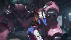 Rule 34 | 1girl, animal print, arm cannon, arm support, arm up, armor, ass, black-framed eyewear, blue gloves, blue thighhighs, bodysuit, boots, bracer, breasts, brown eyes, brown footwear, brown hair, character name, charm (object), coat, d.va (overwatch), dated, emblem, eyelashes, facepaint, facial mark, food, from side, fur-trimmed boots, fur-trimmed coat, fur-trimmed jacket, fur trim, gatling gun, gloves, gun, hand up, handgun, headphones, highres, holding, holding gun, holding weapon, ice cream, ice cream cone, indoors, jacket, leaning forward, licking, logo, long hair, long sleeves, looking at viewer, mecha, mei (overwatch), meka (overwatch), overwatch, overwatch 1, pauldrons, pilot suit, puddle, rabbit print, reflection, robot, shoulder armor, shoulder pads, signature, solo focus, thigh boots, thigh strap, thighhighs, tongue, tongue out, v, vafar7, water, waving, weapon, whisker markings, white footwear, white gloves