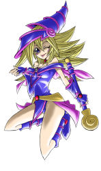 Rule 34 | 1girl, bare shoulders, blonde hair, breasts, dark magician girl, female focus, hat, legs, long hair, one eye closed, revo-0623, simple background, smile, solo, tongue, tongue out, wink, wizard hat, yu-gi-oh!, yu-gi-oh! duel monsters, yuu-gi-ou
