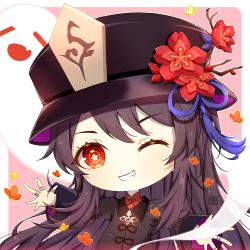 Rule 34 | 1girl, black hat, border, brooch, brown hair, bug, butterfly, chibi, coat, collared coat, collared shirt, commentary request, flower, flower-shaped pupils, genshin impact, ghost, hat, hat flower, hat ornament, hu tao (genshin impact), insect, jewelry, long hair, long sleeves, looking at viewer, multiple rings, nail polish, one eye closed, outside border, pink background, plum blossoms, porkpie hat, raxa9501, red eyes, red shirt, ring, shirt, simple background, smile, solo, standing, symbol-shaped pupils, teeth, upper body, white border