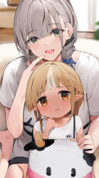 Rule 34 | 2girls, aged down, ahoge, alternate costume, asymmetrical hair, bad id, bad twitter id, bare legs, barefoot, black shorts, blonde hair, blue ribbon, blurry, blurry background, blush, braid, braided ponytail, casual, child, couch, dark-skinned female, dark skin, finger to mouth, foot out of frame, french braid, green eyes, grey hair, hair between eyes, hair over shoulder, hair ribbon, head tilt, highres, hololive, indoors, kintsuba (shiranui flare), kodomo no hi, looking at viewer, medium hair, multicolored hair, multiple girls, niii (memstapak), open mouth, orange eyes, parted lips, pointy ears, revision, ribbon, shiranui flare, shirogane noel, shirt, short hair, short shorts, short sleeves, shorts, sitting, sitting on lap, sitting on person, smile, streaked hair, stuffed cow, sunlight, two-tone hair, virtual youtuber, wariza, white hair, white shirt
