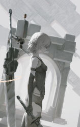 Rule 34 | 1girl, absurdres, android, bare shoulders, black gloves, breasts, elbow gloves, floating, floating object, floating sword, floating weapon, gloves, highres, holding, medium breasts, nier:automata, nier (series), nueegochi, pod (nier:automata), solo, sword, thighhighs, weapon, white hair, a2 (nier:automata)