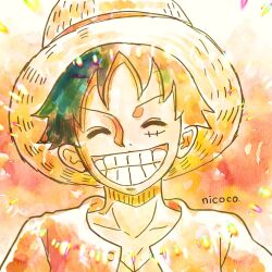Rule 34 | 1boy, ^ ^, close-up, closed eyes, commentary request, furol nicoco, happy, hat, highres, male focus, monkey d. luffy, one piece, open clothes, open shirt, orange theme, scar, scar on face, short hair, signature, smile, solo, sparkle, straw hat, teeth, upper body