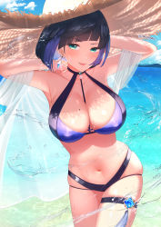 Rule 34 | 1girl, absurdres, armpits, bikini, black hair, blue hair, bob cut, breasts, cleavage, cloud, diagonal bangs, genshin impact, green eyes, hat, highres, jewelry, large breasts, looking at viewer, mole, mole on breast, multicolored hair, navel, ocean, parupome, shawl, short hair, sky, smile, solo, straw hat, swimsuit, tassel, thigh strap, twitter username, vision (genshin impact), water, yelan (genshin impact)