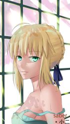 Rule 34 | 1girl, ahoge, alternate costume, artoria pendragon (fate), blonde hair, blue ribbon, braid, breasts, character name, cherry blossoms, er ci gudu, fate/grand order, fate/stay night, fate (series), french braid, hair ribbon, highres, looking at viewer, ribbon, saber (fate), sideboob, sidelocks, solo, strap slip, sweat