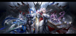 Rule 34 | 4girls, absurdly long hair, absurdres, black bodysuit, blonde hair, blue hair, bodysuit, breasts, clothing cutout, covered erect nipples, covered navel, cowboy shot, crosscore, gloves, grey hair, headgear, highres, holding, holding sword, holding weapon, huge breasts, huge weapon, impossible bodysuit, impossible clothes, large breasts, long hair, multiple girls, navel cutout, purple eyes, purple hair, red eyes, science fiction, sword, thigh strap, translation request, very long hair, weapon, white bodysuit, white gloves, yellow eyes, zer z2