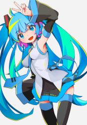 Rule 34 | 1girl, :d, ahoge, arm up, bare shoulders, black skirt, black sleeves, black thighhighs, blonde hair, blue eyes, blue hair, blue necktie, breasts, collared shirt, commentary request, detached sleeves, green hair, grey background, grey shirt, hatsune miku, highres, long hair, long sleeves, looking at viewer, mamagogo (gomaep), medium breasts, necktie, open mouth, pleated skirt, purple hair, shirt, simple background, skirt, sleeveless, sleeveless shirt, smile, solo, thighhighs, tie clip, twintails, v, very long hair, vocaloid, wide sleeves