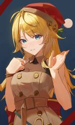 Rule 34 | 1girl, absurdres, alternate eye color, aqua eyes, bangle, bare arms, bare shoulders, blonde hair, blue background, bracelet, breasts, buttons, cleavage, coat, commentary request, double-breasted, grin, hachimiya meguru, hair flaps, hands up, hat, highres, idolmaster, idolmaster shiny colors, jewelry, large breasts, long hair, looking at viewer, santa hat, simple background, sleeveless, smile, solo, starshell, swept bangs, upper body, waving