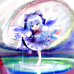 Rule 34 | 1girl, blue eyes, blue hair, bow, cirno, clothes lift, dress, dress lift, female focus, full body, looking at viewer, lowres, matching hair/eyes, no shoes, open mouth, short hair, smile, socks, solo, standing, standing on one leg, touhou, tsubasa (abchipika), white socks, wings