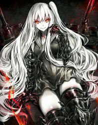 Rule 34 | 10s, 1girl, abyssal ship, aircraft carrier oni, aircraft carrier princess, armor, armored boots, bare shoulders, black dress, boots, dress, gauntlets, kantai collection, long hair, looking at viewer, madogawa, one side up, orange eyes, pale skin, sailor collar, sailor dress, short dress, side ponytail, sitting, smile, solo, thigh boots, thighhighs, very long hair, white hair, zettai ryouiki