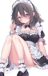 Rule 34 | 1girl, apron, black bow, black dress, black footwear, black hair, blue eyes, blush, bow, bowtie, breasts, cleavage, detached collar, dress, eip (pepai), frilled apron, frilled dress, frills, highres, loafers, looking at viewer, maid, maid apron, maid headdress, mole, mole on breast, original, puffy short sleeves, puffy sleeves, shoes, short sleeves, simple background, sitting, socks, solo, white apron, white background, white headdress, white socks, wrist cuffs