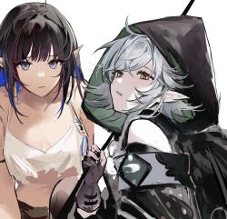 Rule 34 | 2girls, arknights, black gloves, black hair, black jacket, blue eyes, blue hair, commentary, eunectes (arknights), eunectes (forgemaster) (arknights), gloves, grey hair, highres, holding, holding staff, hood, hood up, jacket, looking at viewer, multicolored hair, multiple girls, official alternate costume, partially fingerless gloves, pointy ears, ryat, shirt, simple background, staff, tomimi (arknights), torn clothes, torn shirt, two-tone hair, upper body, white background, white shirt, yellow eyes