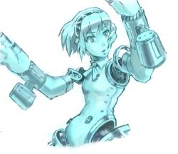 Rule 34 | 1girl, aegis (persona), android, aqua theme, bad id, bad pixiv id, blue theme, breasts, female focus, headphones, joints, monochrome, oishii ishiwata, persona, persona 3, robot joints, s.e.e.s, short hair, simple background, small breasts, solo, white background