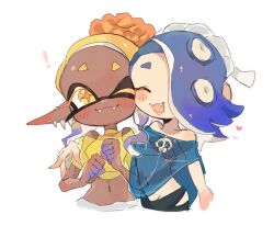 Rule 34 | !, 2girls, :3, bare shoulders, black pants, blonde hair, blue hair, blue shawl, blush stickers, chest sarashi, clenched hands, closed eyes, closed mouth, colored eyelashes, commentary request, crop top, cropped legs, dark-skinned female, dark skin, earrings, fangs, frye (splatoon), gradient hair, hachimaki, hair over one eye, hand on another&#039;s arm, headband, heart, highres, inkling, jewelry, long hair, midriff, multicolored hair, multiple earrings, multiple girls, navel, nejiri hachimaki, nintendo, octoling, one eye closed, one eye covered, open mouth, orange pupils, pants, piyomaru (hachiyonnxxxx), pointy ears, purple hair, sarashi, see-through shawl, shawl, shirt, shiver (splatoon), short eyebrows, simple background, smile, splatoon (series), splatoon 3, star-shaped pupils, star (symbol), suction cups, symbol-shaped pupils, tentacle hair, tooth earrings, torn clothes, torn pants, twitter username, two-tone hair, white background, yellow eyes, yellow shawl, yellow shirt