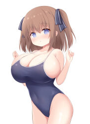 Rule 34 | 1girl, :o, bare arms, black one-piece swimsuit, blue eyes, blush, breasts, brown hair, cleavage, collarbone, commentary request, commission, covered navel, hair ornament, highres, huge breasts, long hair, looking at viewer, one-piece swimsuit, open mouth, oppai loli, original, pixiv commission, school swimsuit, simple background, solo, standing, swimsuit, white background, yuu (yumezakura)