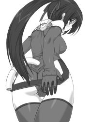 Rule 34 | &gt;:(, 00s, 1girl, angry, ass, bare shoulders, blush, breasts, cameltoe, covered erect nipples, covering privates, covering ass, cowboy shot, elbow gloves, from behind, from below, frown, gloves, greyscale, hair ribbon, high ponytail, ichijou eika, leotard, long hair, looking at viewer, looking back, medium breasts, monochrome, motionslit, pilot suit, ponytail, profile, ribbon, shichimenchou, simple background, sky girls, solo, thigh gap, thighhighs, thighs, v-shaped eyebrows, very long hair