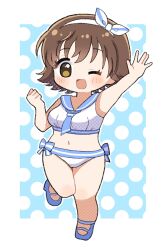 Rule 34 | 1girl, arm up, bikini, blue background, blue bow, blue footwear, blue neckerchief, blue sailor collar, blush, border, bow, brown hair, chibi, clenched hand, commentary, hairband, hand up, highres, honda mio, idolmaster, idolmaster cinderella girls, legs, looking at viewer, navel, neckerchief, one eye closed, open mouth, polka dot, polka dot background, sailor collar, sailor swimsuit (idolmaster), short hair, smile, solo, standing, standing on one leg, stomach, swimsuit, thighs, white bikini, white border, white hairband, yakitouhu3, yellow eyes
