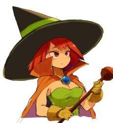 Rule 34 | 1girl, bad id, bad twitter id, bob cut, breasts, cape, cleavage, closed mouth, dragon quest, dragon quest iii, dress, gloves, hat, mage (dq3), mota, red eyes, red hair, short hair, simple background, solo, staff, white background, witch hat