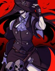 Rule 34 | 1boy, absurdres, androgynous, bare shoulders, belt, black hair, eyelashes, feathers, fingerless gloves, gloves, guilty gear, guilty gear strive, hat, highres, holding, holding clothes, holding hat, holding weapon, ascot, long hair, looking at viewer, one eye covered, red eyes, scruffyturtles, scythe, skull, solo, testament (guilty gear), top hat, trap, weapon