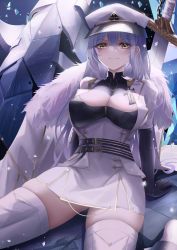 Rule 34 | 1girl, absurdres, arkhangelsk (azur lane), arm support, azur lane, black gloves, breasts, elbow gloves, fur trim, gloves, grey hair, hair between eyes, hat, highres, long hair, looking at viewer, medium breasts, sitting, skindentation, smile, solo, sword, taut legwear, thighhighs, thighs, turbulence, wariza, weapon, white thighhighs