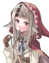 Rule 34 | 1girl, animal ears, black hair, blue ribbon, breasts, brown corset, brown gloves, cape, corset, fire emblem, fire emblem fates, fuussu (21-kazin), gloves, grey hair, hand up, hood, hood up, hooded cape, light blush, long hair, long sleeves, looking at viewer, medium breasts, mouth hold, multicolored hair, neck ribbon, nintendo, orange eyes, ribbon, simple background, solo, streaked hair, two-tone hair, undone neck ribbon, upper body, velouria (fire emblem), white background, wolf ears, wolf girl