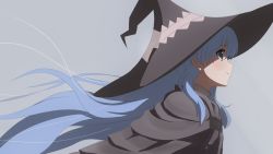 Rule 34 | 1girl, blue background, blue eyes, blue hair, cape, chtholly nota seniorious, closed mouth, commentary request, floating, floating hair, from side, hair over shoulder, hat, highres, long hair, looking to the side, shuumatsu nani shitemasu ka?, simple background, smile, solo, standing, tonysky1228, upper body, very long hair, witch hat