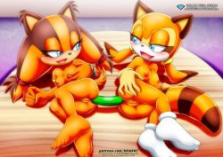 Rule 34 | 2girls, bbmbbf, blue eyes, breasts, dildo, furry, marine the raccoon, multiple girls, naughty face, nude, pussy, sega, sex toy, sonic (series), sonic (series), sticks the badger, tail, yuri
