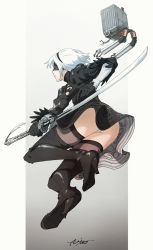 Rule 34 | 1boy, 1girl, black blindfold, black dress, black thighhighs, blindfold, boots, breasts, dress, gloves, highres, holding, holding sword, holding weapon, leg up, long sleeves, nier (series), nier:automata, nitro0516, pod (nier:automata), shadow, short hair, signature, sword, thigh boots, thighhighs, virtuous contract, weapon, white hair, 2b (nier:automata)