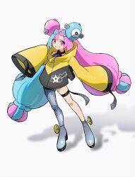 Rule 34 | 1girl, blue hair, bow-shaped hair, character hair ornament, creatures (company), full body, game freak, grey pantyhose, hair ornament, highres, iono (pokemon), jacket, long hair, long sleeves, looking at viewer, mandei (nao 1234567), multicolored hair, nintendo, pantyhose, pink eyes, pink hair, pokemon, pokemon sv, shadow, sharp teeth, single leg pantyhose, sleeves past fingers, sleeves past wrists, smile, solo, teeth, thigh strap, twintails, two-tone hair, very long hair, white background, wide sleeves, yellow jacket