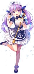 Rule 34 | 1girl, anchor, blush, braid, bubble, colored inner hair, commentary request, frilled skirt, frills, full body, highres, hololive, leg up, long hair, looking at viewer, low twintails, maid headdress, microphone, minato aqua, minato aqua (1st costume), multicolored hair, nail polish, open mouth, purple eyes, purple hair, ribbon, sasai saji, skirt, solo, twintails, virtual youtuber, white background