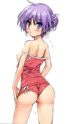 Rule 34 | 00s, 1girl, absurdres, ass, bad id, bad pixiv id, blush, breasts, derivative work, female focus, highres, hiiragi kagami, looking back, lucky star, nipples, purple eyes, purple hair, short hair, sketch, solo, sukesan, swimsuit, white background
