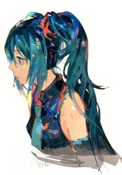 Rule 34 | 1girl, bad id, bad twitter id, collared shirt, detached sleeves, green eyes, green hair, green necktie, hair between eyes, hair ornament, hatsune miku, headset, highres, long hair, looking away, matching hair/eyes, mifuji kiichi, necktie, profile, shirt, signature, simple background, sleeveless, sleeveless shirt, solo, twintails, upper body, vocaloid, white background