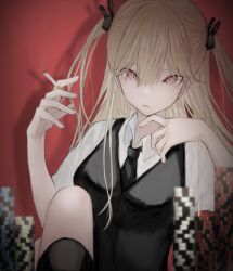 Rule 34 | 1girl, black necktie, black ribbon, black vest, blonde hair, character request, cigarette, closed mouth, collared shirt, copyright request, crossed legs, hair ribbon, highres, holding, holding cigarette, looking down, necktie, poker chip, red background, ribbon, shirt, simple background, solo, tomoja rs, vest, white shirt