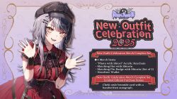 1girl banned_artist beret black_hair dress frilled_dress frills grey_hair hat highres hololive hololive_english looking_at_viewer medium_hair multicolored_hair official_alternate_costume official_art open_mouth red_dress red_hat rosuuri second-party_source shiori_novella shiori_novella_(3rd_costume) smile solo split-color_hair two-tone_hair virtual_youtuber yellow_eyes